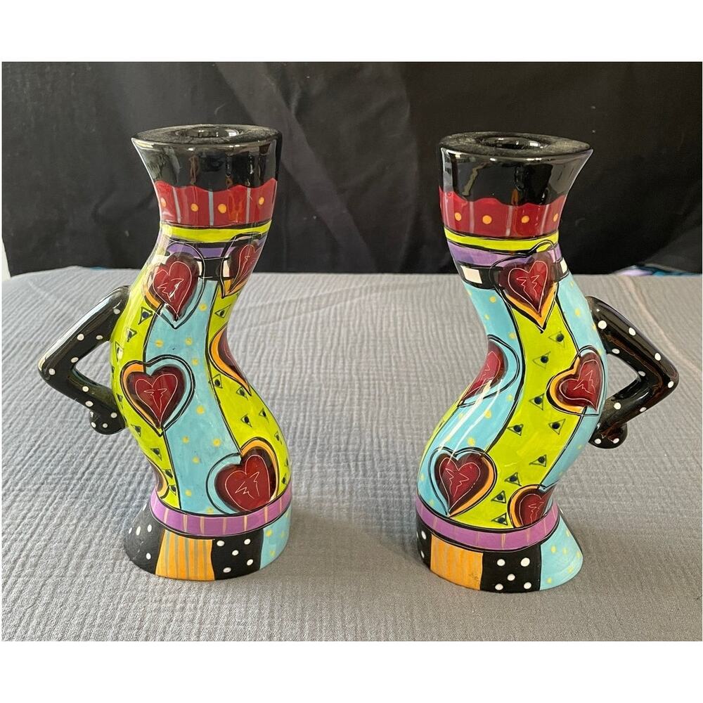 2 Vintage Prospero DesignWorks Funky Hearts Ceramic Candle Holders